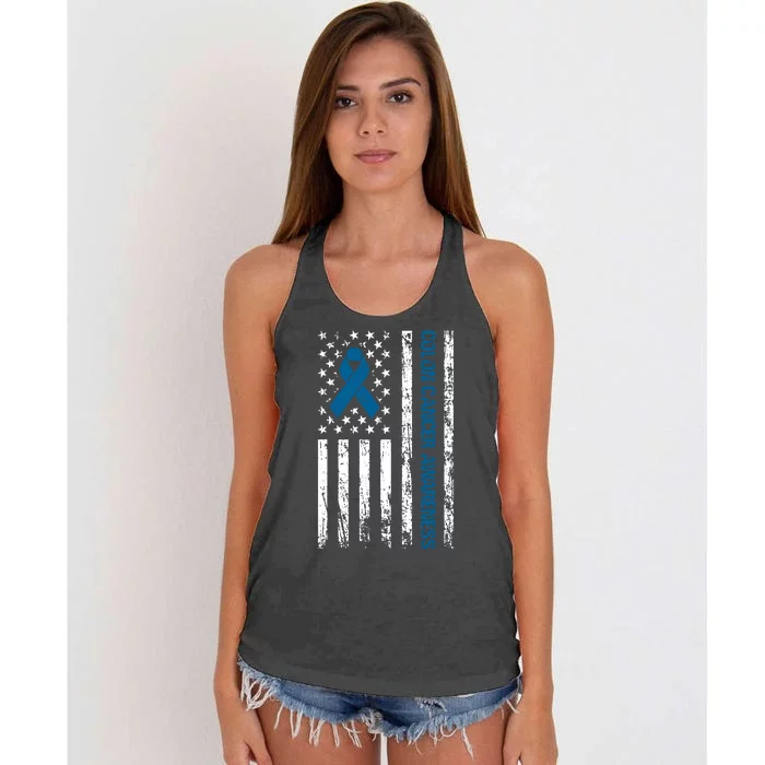 Colon Cancer Awareness Month Distressed Flag Women's Knotted Racerback Tank