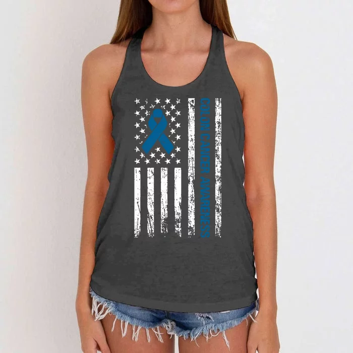 Colon Cancer Awareness Month Distressed Flag Women's Knotted Racerback Tank