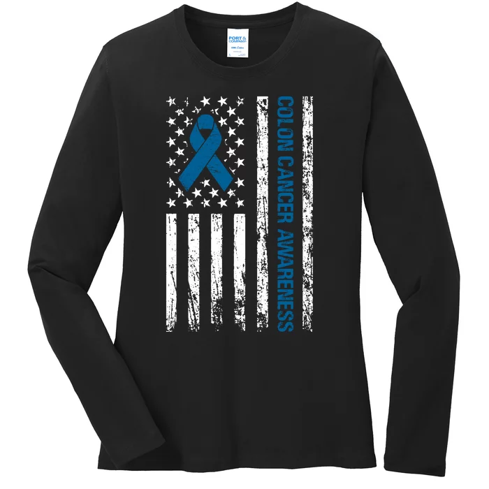 Colon Cancer Awareness Month Distressed Flag Ladies Long Sleeve Shirt