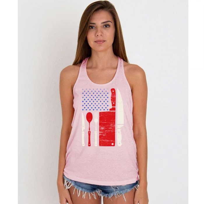 Chef Cooking American Flag Vintage Culinary Chefs Gift Women's Knotted Racerback Tank