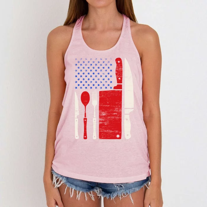 Chef Cooking American Flag Vintage Culinary Chefs Gift Women's Knotted Racerback Tank