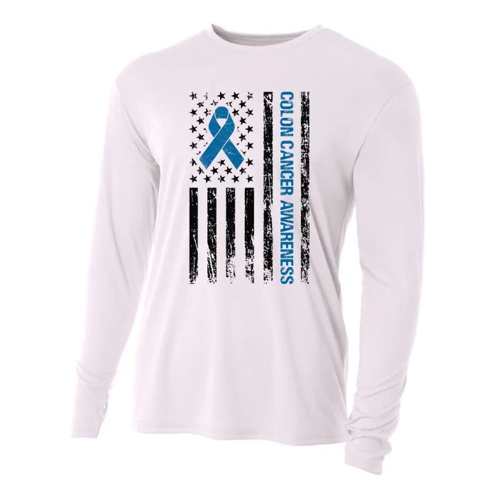 Colon Cancer Awareness Month Distressed Flag Cooling Performance Long Sleeve Crew