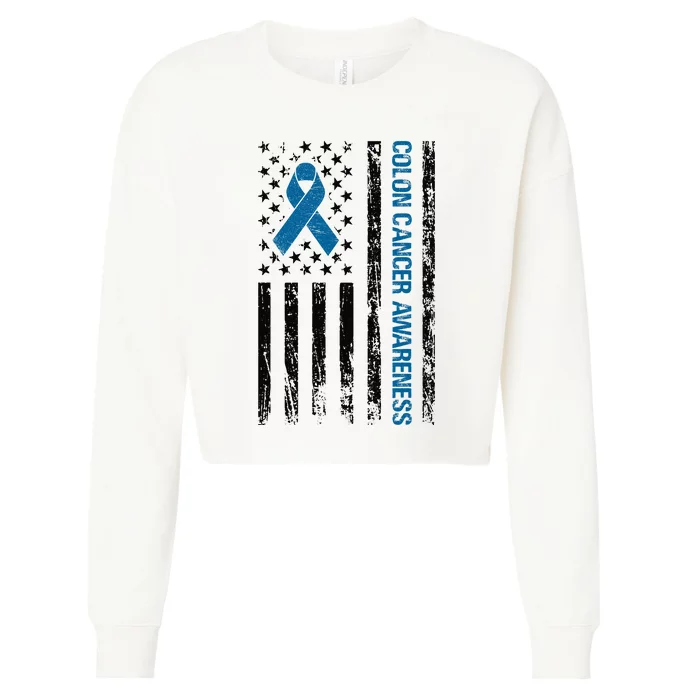 Colon Cancer Awareness Month Distressed Flag Cropped Pullover Crew