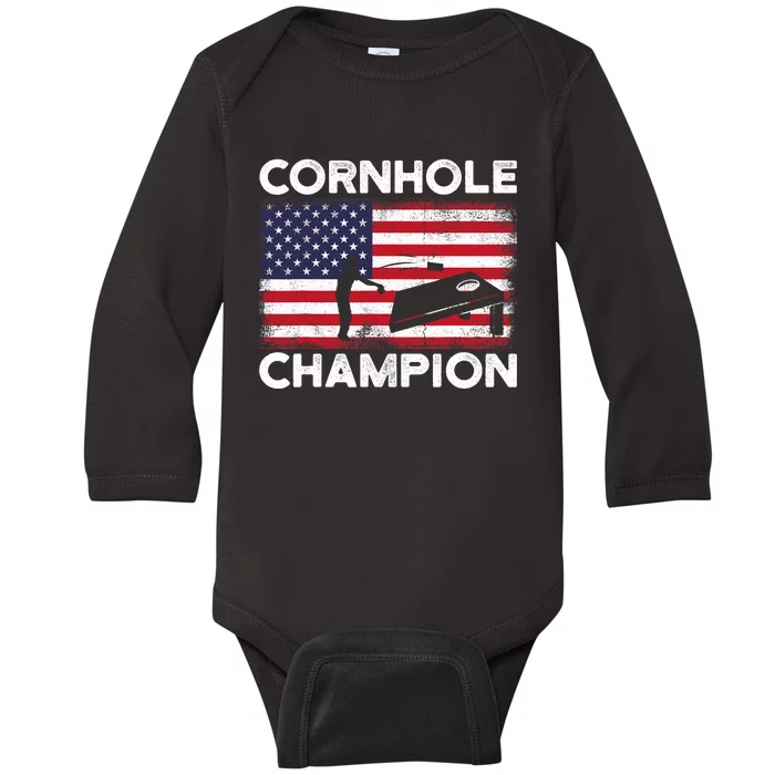 Cornhole Champion American Flag USA July 4th Cornhole Baby Long Sleeve Bodysuit