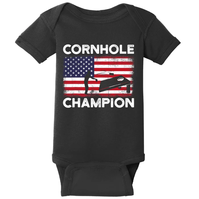 Cornhole Champion American Flag USA July 4th Cornhole Baby Bodysuit