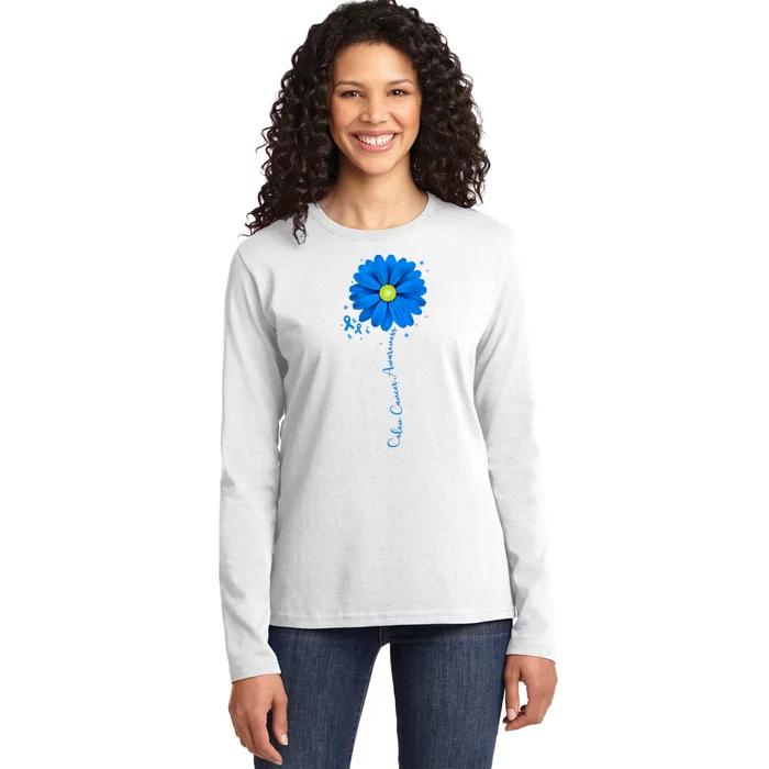 Colon Cancer Awareness Ribbon Daisy Ladies Long Sleeve Shirt