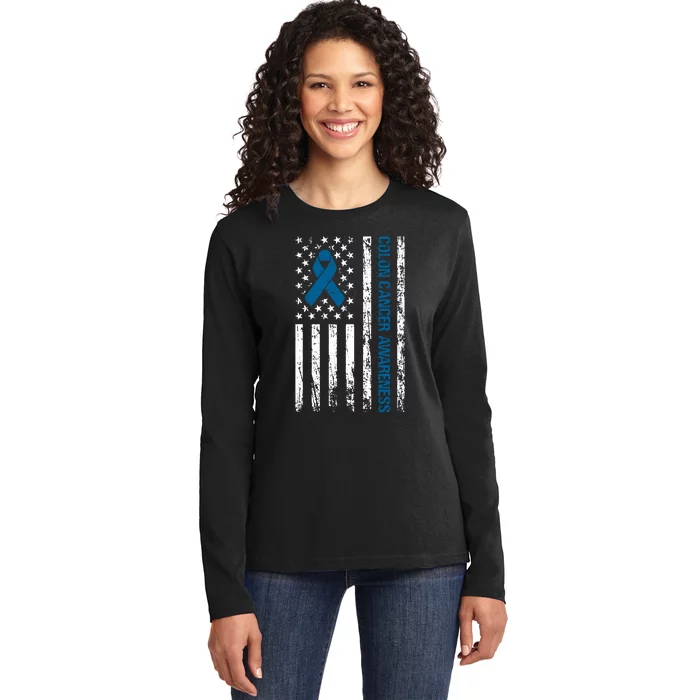 Colon Cancer Awareness Month Distressed Flag Ladies Long Sleeve Shirt