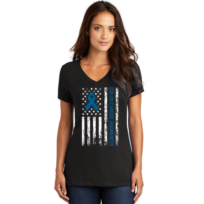 Colon Cancer Awareness Month Distressed Flag Women's V-Neck T-Shirt