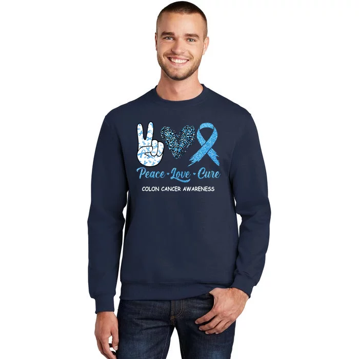 Colon Cancer Awareness Peace Love Cure Leopard Tall Sweatshirt