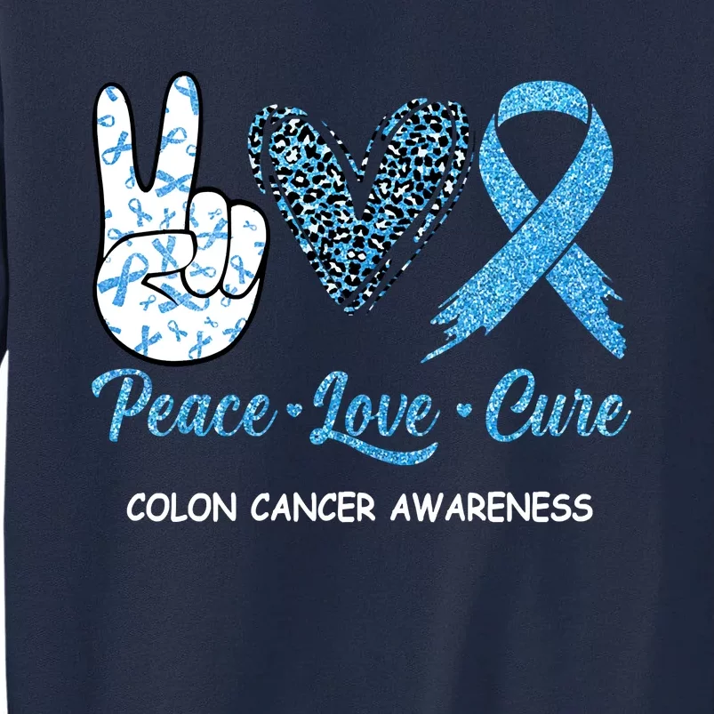 Colon Cancer Awareness Peace Love Cure Leopard Tall Sweatshirt