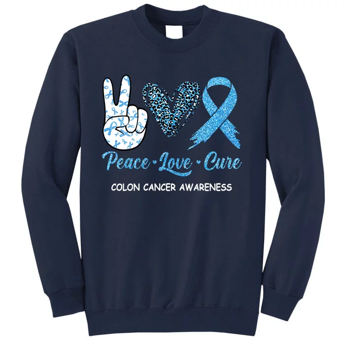 Colon Cancer Awareness Peace Love Cure Leopard Tall Sweatshirt