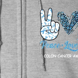 Colon Cancer Awareness Peace Love Cure Leopard Full Zip Hoodie