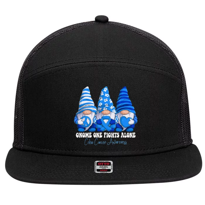 Colon Cancer Awareness Month Blue Ribbon Gnomies Support 7 Panel Mesh Trucker Snapback Hat