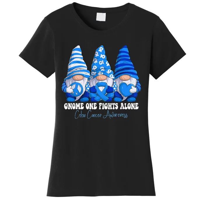 Colon Cancer Awareness Month Blue Ribbon Gnomies Support Women's T-Shirt