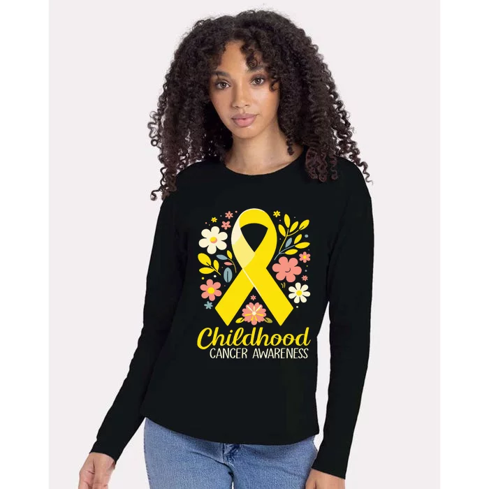 Childhood Cancer Awareness Gold Ribbon Floral Women Womens Cotton Relaxed Long Sleeve T-Shirt