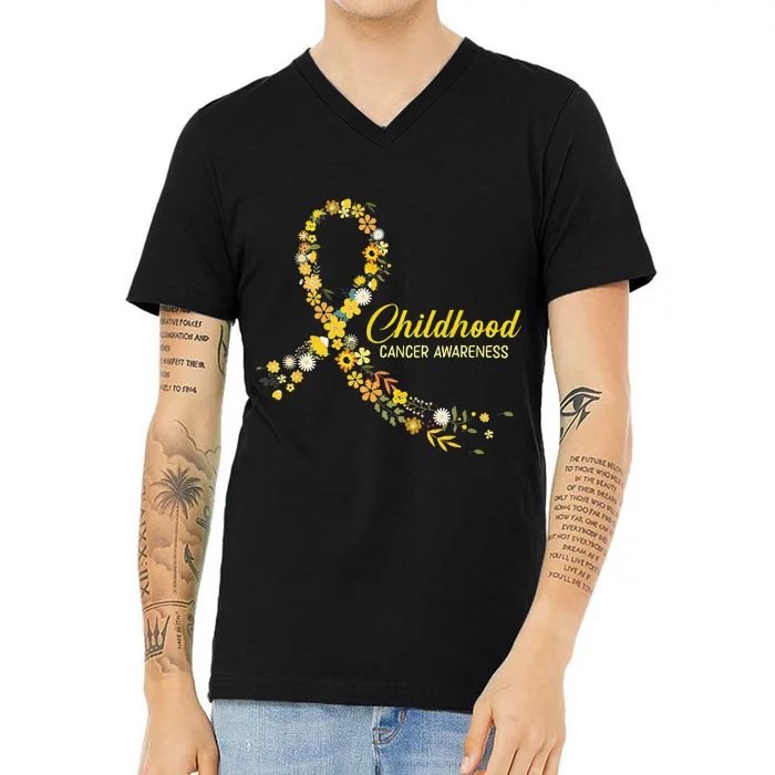 Childhood Cancer Awareness Hippie Flower Gold Ribbon Support Gift V-Neck T-Shirt