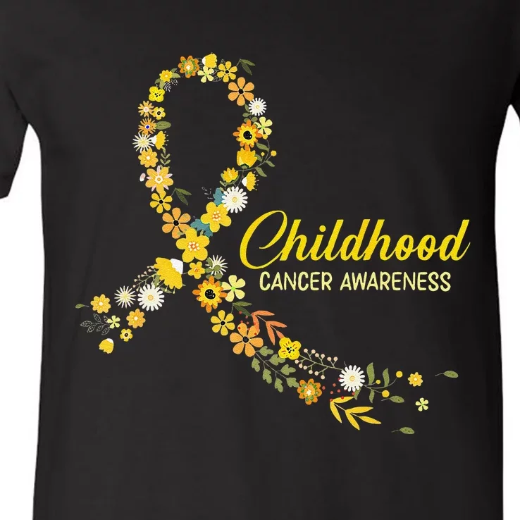 Childhood Cancer Awareness Hippie Flower Gold Ribbon Support Gift V-Neck T-Shirt