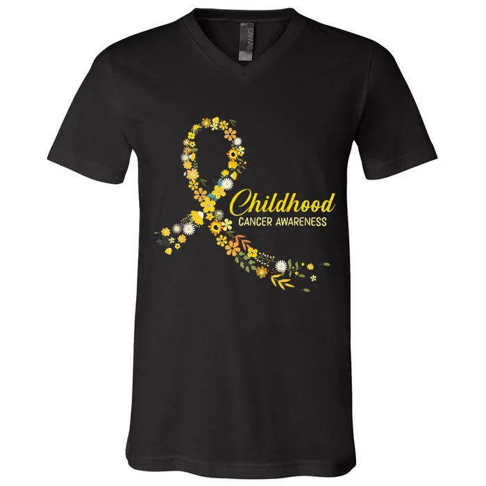 Childhood Cancer Awareness Hippie Flower Gold Ribbon Support Gift V-Neck T-Shirt