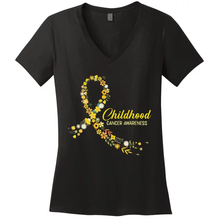 Childhood Cancer Awareness Hippie Flower Gold Ribbon Support Gift Women's V-Neck T-Shirt