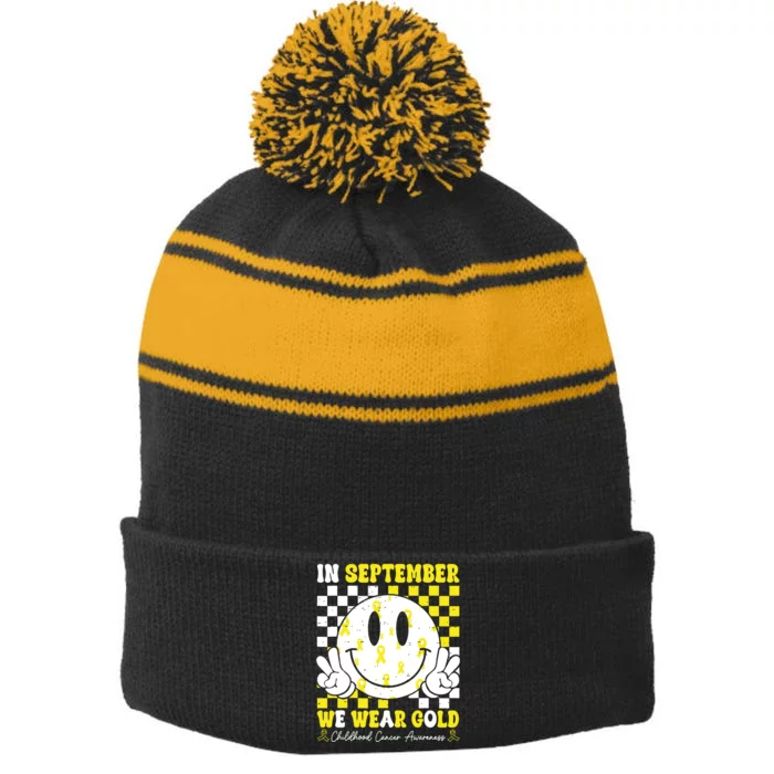 Childhood Cancer Awareness In September We Wear Gold Groovy Stripe Pom Pom Beanie