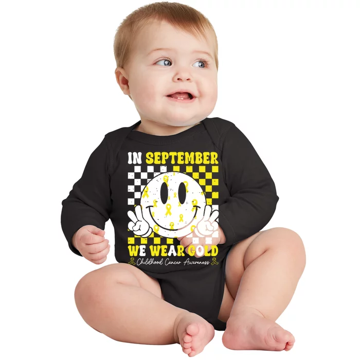 Childhood Cancer Awareness In September We Wear Gold Groovy Baby Long Sleeve Bodysuit