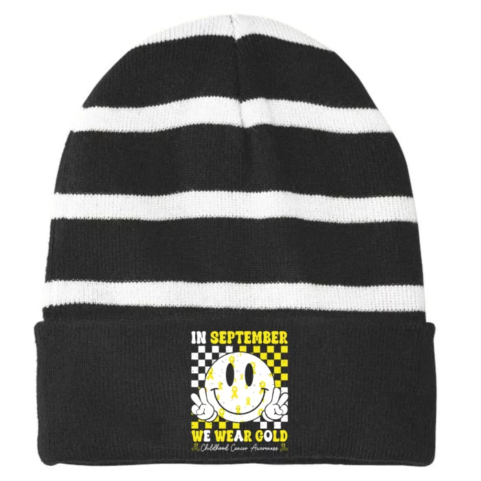 Childhood Cancer Awareness In September We Wear Gold Groovy Striped Beanie with Solid Band