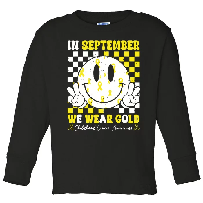 Childhood Cancer Awareness In September We Wear Gold Groovy Toddler Long Sleeve Shirt