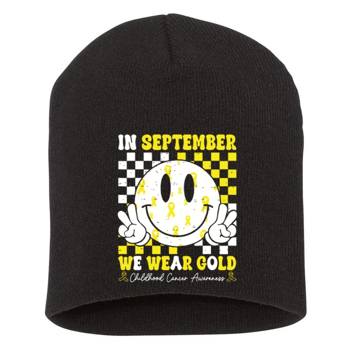 Childhood Cancer Awareness In September We Wear Gold Groovy Short Acrylic Beanie