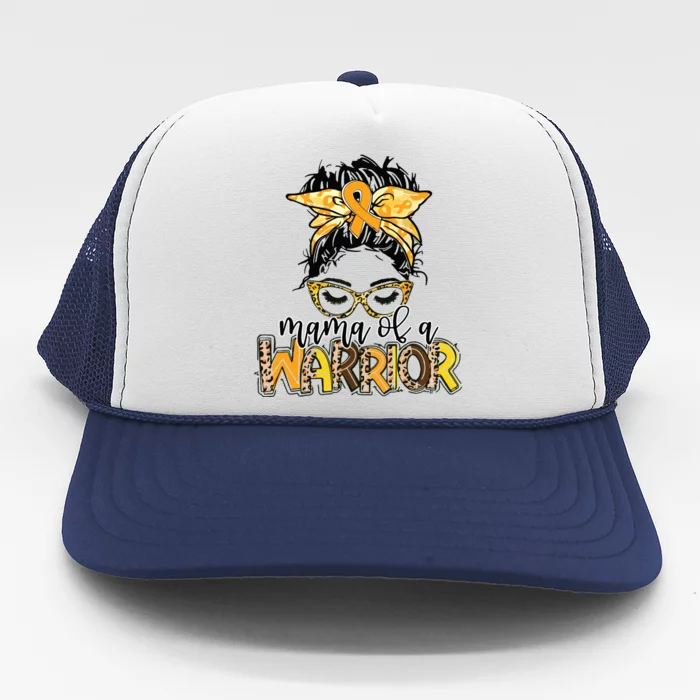 Childhood Cancer Awareness Mama Of A Warrior Messy Bun Mom Trucker Hat