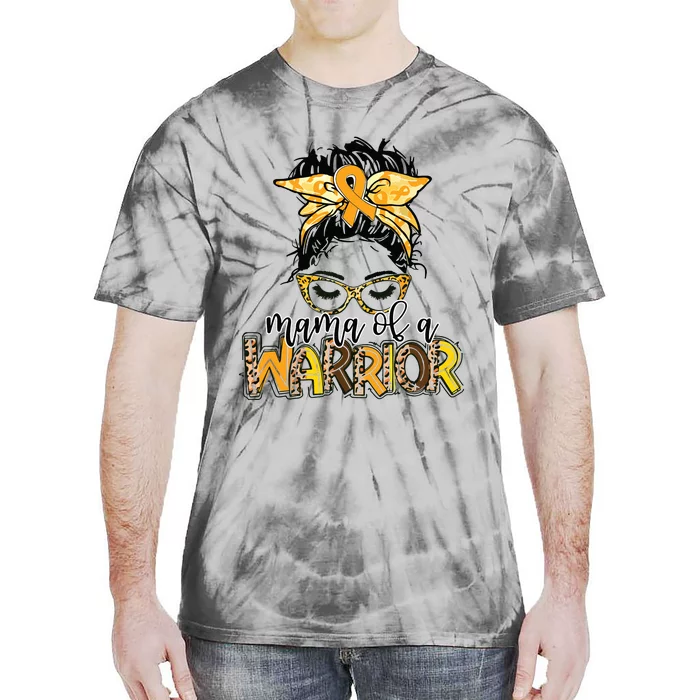 Childhood Cancer Awareness Mama Of A Warrior Messy Bun Mom Tie-Dye T-Shirt