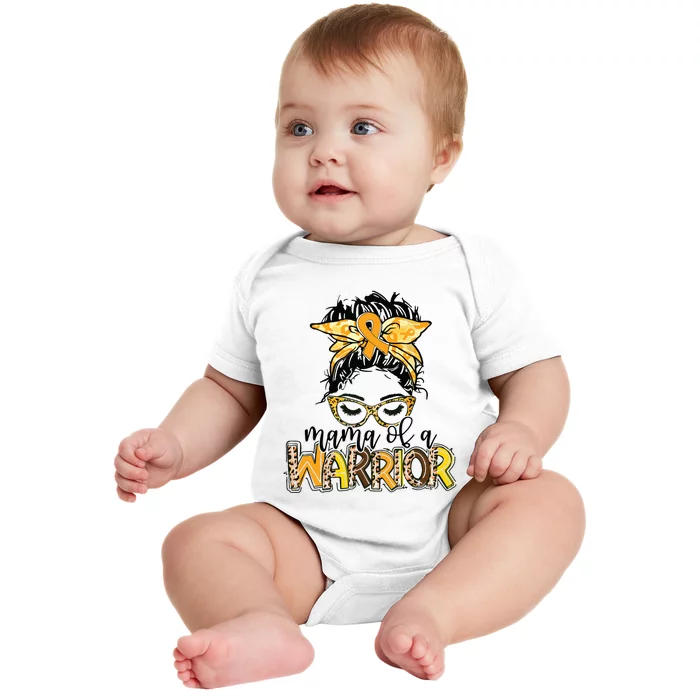 Childhood Cancer Awareness Mama Of A Warrior Messy Bun Mom Baby Bodysuit