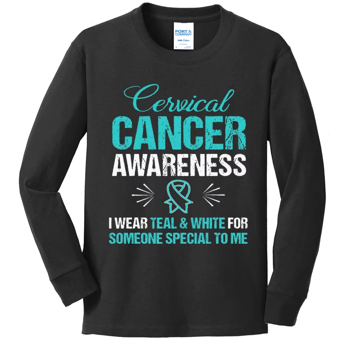 Cervical Cancer Awareness Wear Teal Ribbon Tee Kids Long Sleeve Shirt