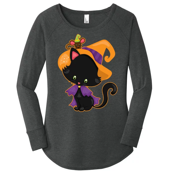 Cute Cat And Mouse Halloween Witch Women's Perfect Tri Tunic Long Sleeve Shirt