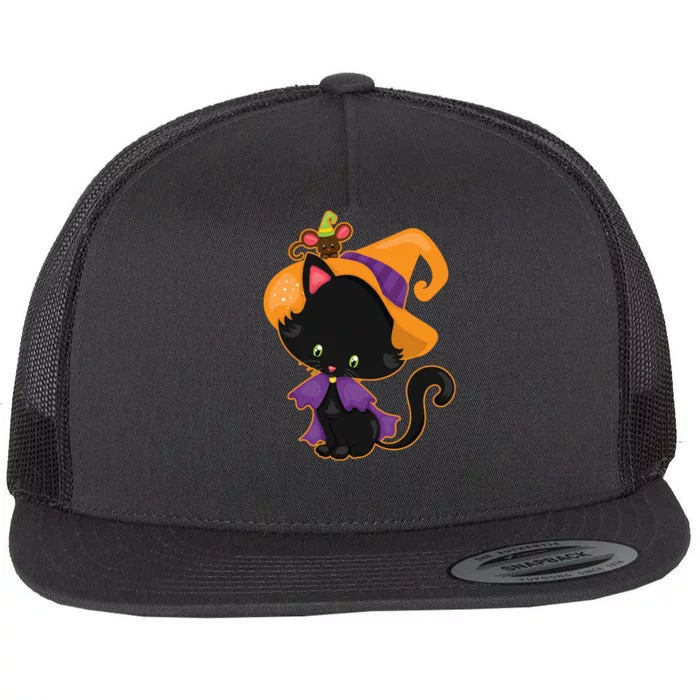 Cute Cat And Mouse Halloween Witch Flat Bill Trucker Hat