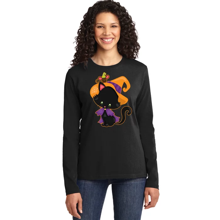 Cute Cat And Mouse Halloween Witch Ladies Long Sleeve Shirt