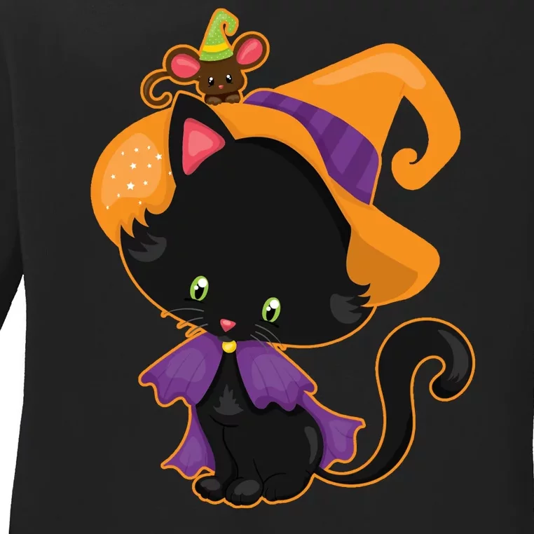 Cute Cat And Mouse Halloween Witch Ladies Long Sleeve Shirt