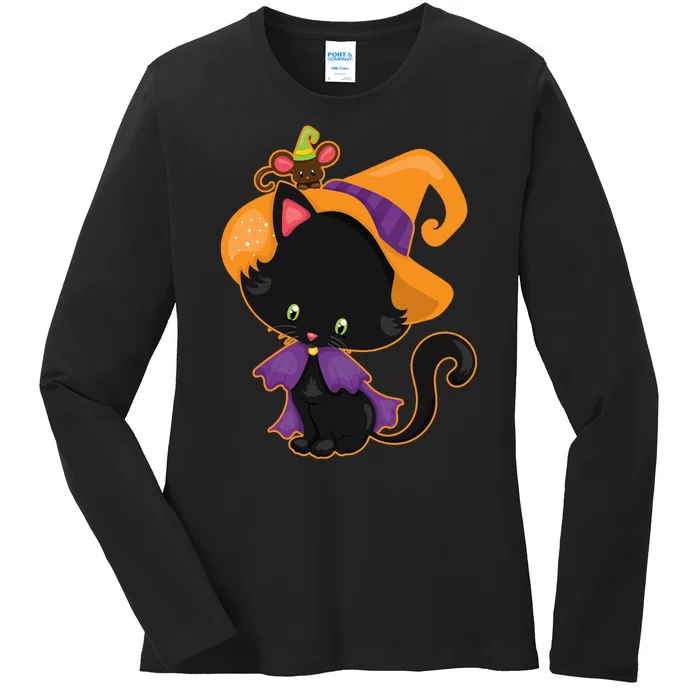 Cute Cat And Mouse Halloween Witch Ladies Long Sleeve Shirt