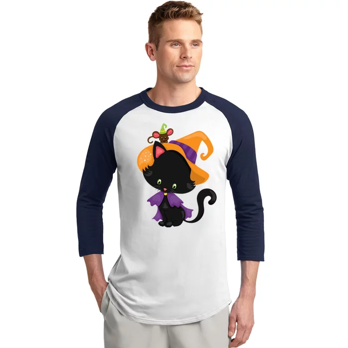 Cute Cat And Mouse Halloween Witch Baseball Sleeve Shirt