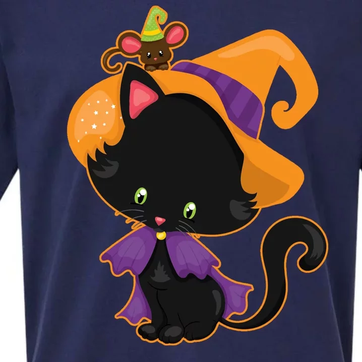 Cute Cat And Mouse Halloween Witch Sueded Cloud Jersey T-Shirt