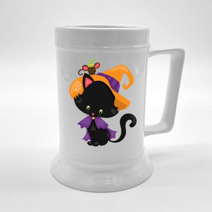 Cute Cat And Mouse Halloween Witch Front & Back Beer Stein