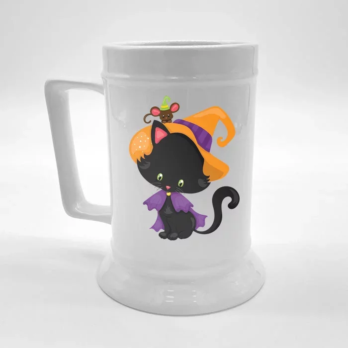 Cute Cat And Mouse Halloween Witch Front & Back Beer Stein