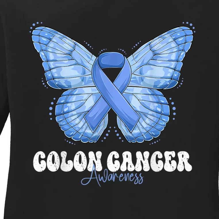 Colon Cancer Awareness Month Blue Ribbon Butterfly Ladies Long Sleeve Shirt