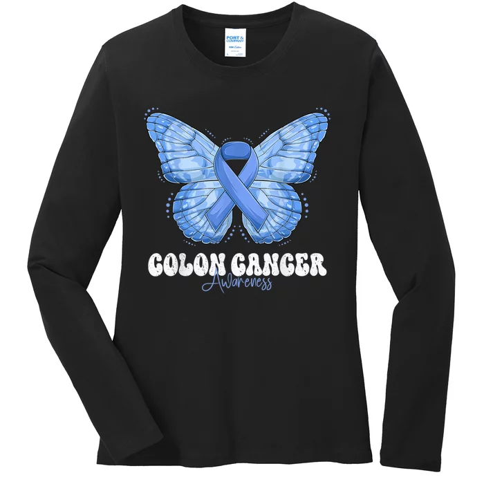 Colon Cancer Awareness Month Blue Ribbon Butterfly Ladies Long Sleeve Shirt