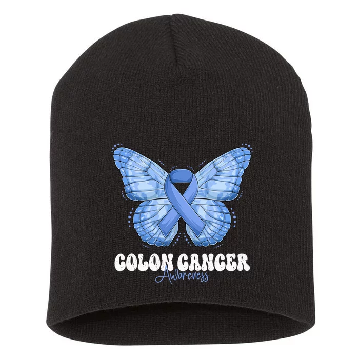 Colon Cancer Awareness Month Blue Ribbon Butterfly Short Acrylic Beanie