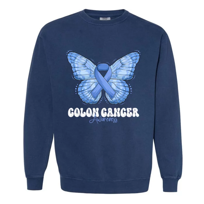 Colon Cancer Awareness Month Blue Ribbon Butterfly Garment-Dyed Sweatshirt