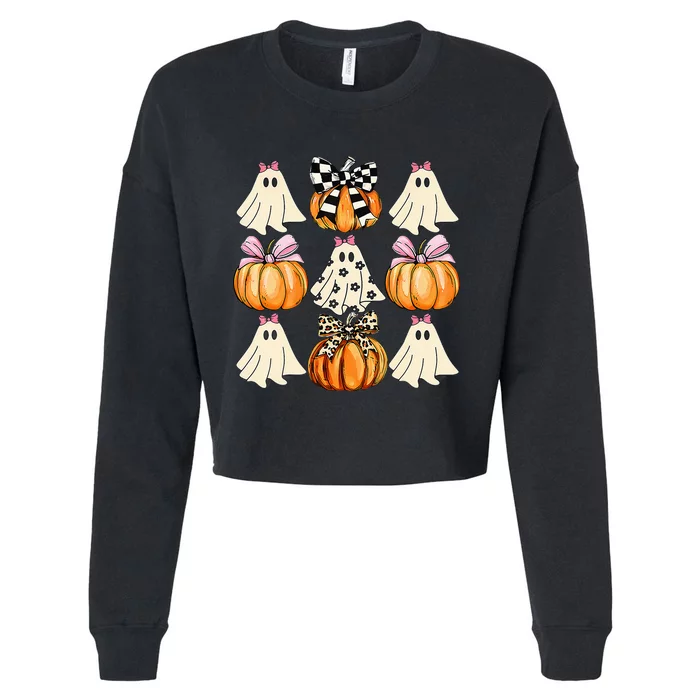 Cute Coquette Bows Ghost Pumpkin Season Halloween Autumn Cropped Pullover Crew