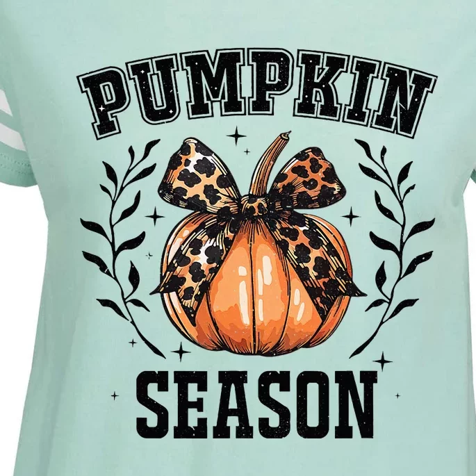 Cute Coquette Bows Pumpkin Season Happy Autumn Fall Leopard Enza Ladies Jersey Football T-Shirt