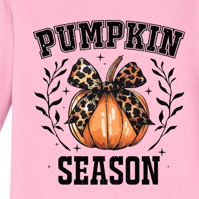 Cute Coquette Bows Pumpkin Season Happy Autumn Fall Leopard Baby Long Sleeve Bodysuit