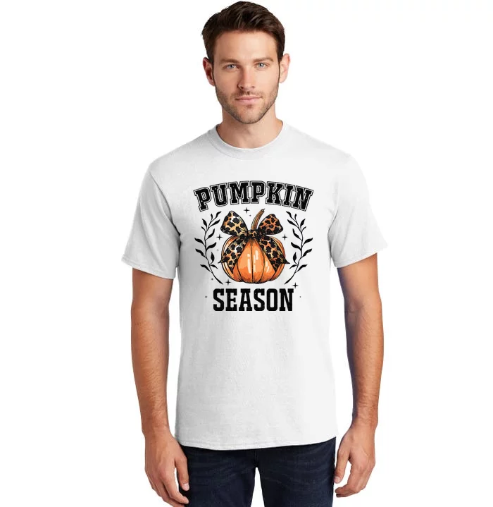 Cute Coquette Bows Pumpkin Season Happy Autumn Fall Leopard Tall T-Shirt