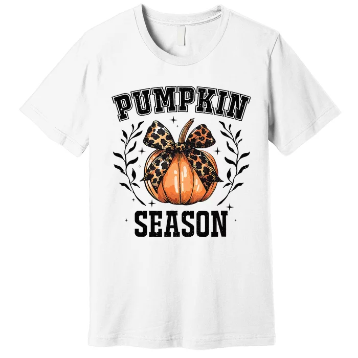 Cute Coquette Bows Pumpkin Season Happy Autumn Fall Leopard Premium T-Shirt